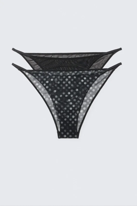 2er-Pack bedruckte Tanga-Höschen im brasilianischen Stil aus Mesh – Schwarz – Punkte 2er-Pack bedruckte Tanga-Höschen im brasilianischen Stil aus Mesh – Schwarz – Punkte