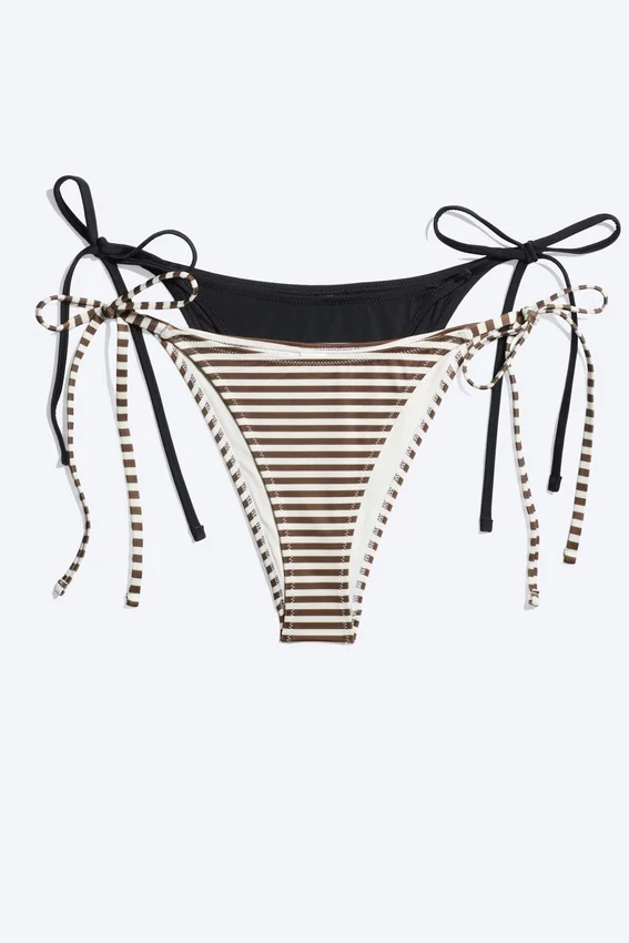 2er-Pack Bikini-Höschen mit Bindebändern – Schwarz + Braun/Weiß gestreift 2er-Pack Bikini-Höschen mit Bindebändern – Schwarz + Braun/Weiß gestreift