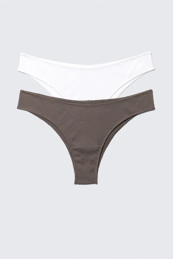 2er-Pack gerippte Brazilian-Slips – Weiß & Washed Grey 2er-Pack gerippte Brazilian-Slips – Weiß & Washed Grey