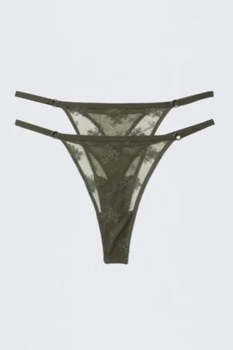 2er-Pack transparente Spitzen-Tangas – Dunkelkhaki-Grün