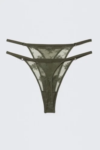 2er-Pack transparente Spitzen-Tangas – Dunkelkhaki-Grün