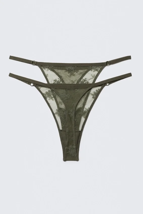 2er-Pack transparente Spitzen-Tangas – Dunkelkhaki-Grün 2er-Pack transparente Spitzen-Tangas – Dunkelkhaki-Grün