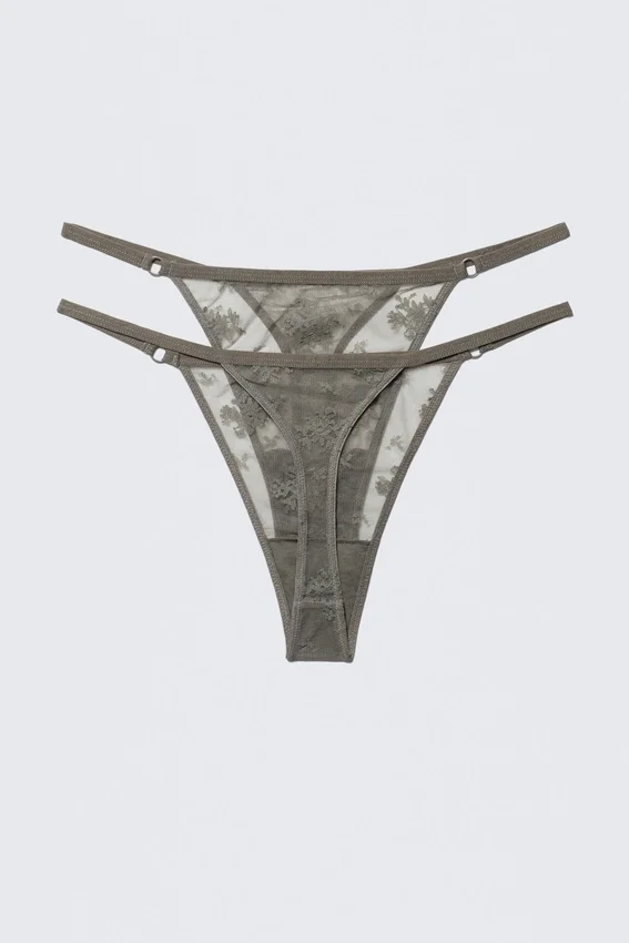 2er-Pack transparente Spitzen-Tangas – Staubgrau 2er-Pack transparente Spitzen-Tangas – Staubgrau