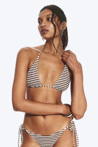 2er-Pack Triangel-Bikini-Oberteile mit Trägern – Schwarz + braune Streifen