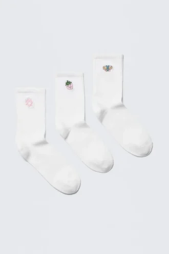 3er-Pack bestickte Crew-Socken – Weiß – Bestickte Mischung 3er-Pack bestickte Crew-Socken – Weiß – Bestickte Mischung