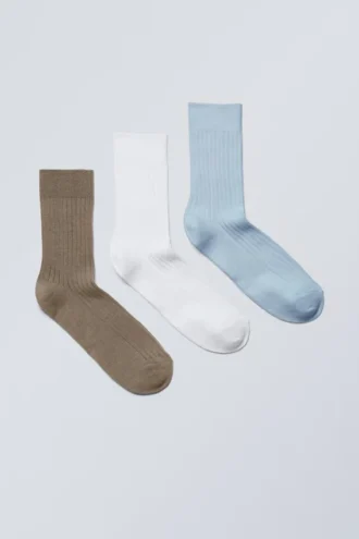 3er-Pack gerippte Crew-Socken – Braun/Weiß/Blau