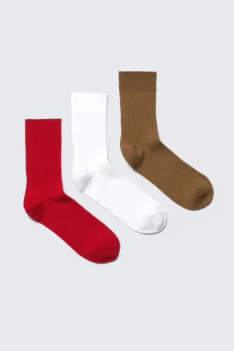 3er-Pack gerippte Crew-Socken – Rot/Weiß/Braun