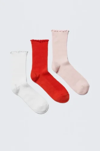 3er-Pack gerippte Socken – Weiß/Rot/Rosa