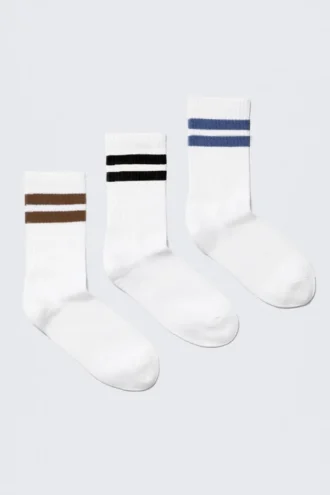 3er-Pack gestreifte Crew-Socken – Weiß – Braun/Schwarz/Blau