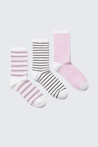 3er-Pack gestreifte Crew-Socken – Weiß – Schwarz- und Rosastreifen