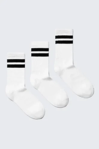 3er-Pack gestreifte Crew-Socken – Weiß – Schwarze Streifen