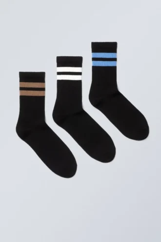 3er-Pack gestreifte Sportsocken – Schwarz – Braun/Weiß/Blau