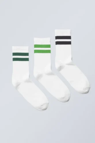 3er-Pack gestreifte Sportsocken – Schwarz, Grün, dunkelgrüne Streifen