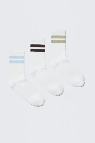 3er-Pack gestreifte Sportsocken – Weiß – Blau/Schwarz/Beige