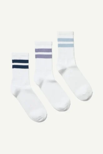 3er-Pack gestreifte Sportsocken – Weiß mit mehreren Streifen