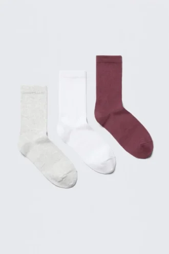3er-Pack Rippensocken – Grau/Weiß/Dunkelrosa