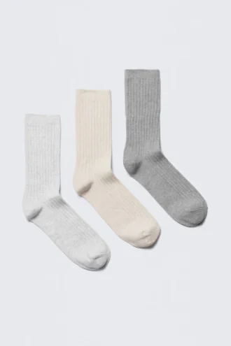 3er-Pack Rippensocken – Weiß/Beige/Grau