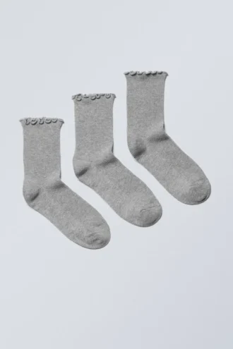 3er-Pack Socken mit Rüschen – Grau meliert