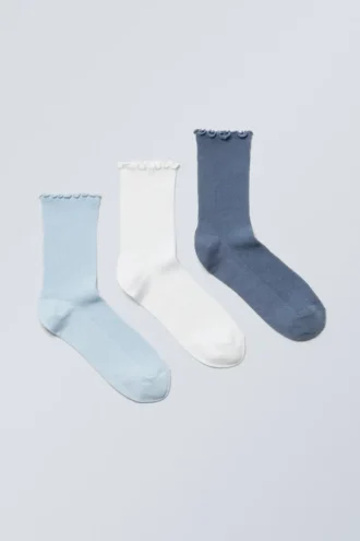 3er-Pack Socken mit Rüschenrand – Blau-Mix