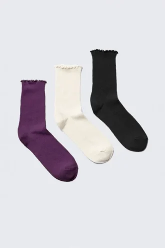 3er-Pack Socken mit Rüschenrand – Dunkelviolett/Cremefarben/Schwarz