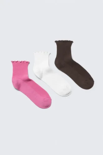 3er-Pack Socken mit Rüschenrand – Rosa/Weiß/Braun