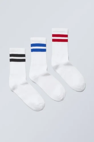 3er-Pack Sport-Socken mit Streifen – Blau-Schwarz-Rot-Streifen