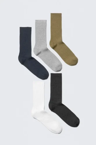 5er-Pack Rippensocken – Khaki/Blau/Anthrazit/Grau/Weiß