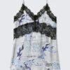 A-Linien-Mini-Slipkleid mit Spitzenbesatz – Weißes Zeitungspapier/Blaue Flamme A-Linien-Mini-Slipkleid mit Spitzenbesatz – Weißes Zeitungspapier/Blaue Flamme