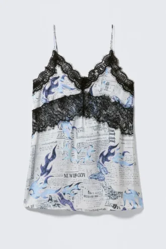 A-Linien-Mini-Slipkleid mit Spitzenbesatz – Weißes Zeitungspapier/Blaue Flamme