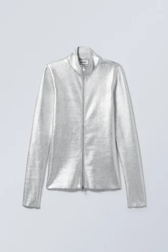 Angie Silberbeschichtete Langarm-Strickjacke – Silber