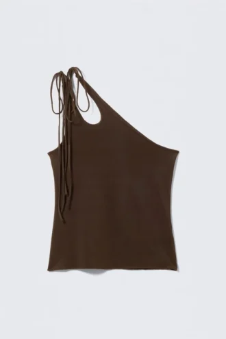 Asymmetrisches Jersey-Tanktop mit Bindebändern – Dunkelbraun