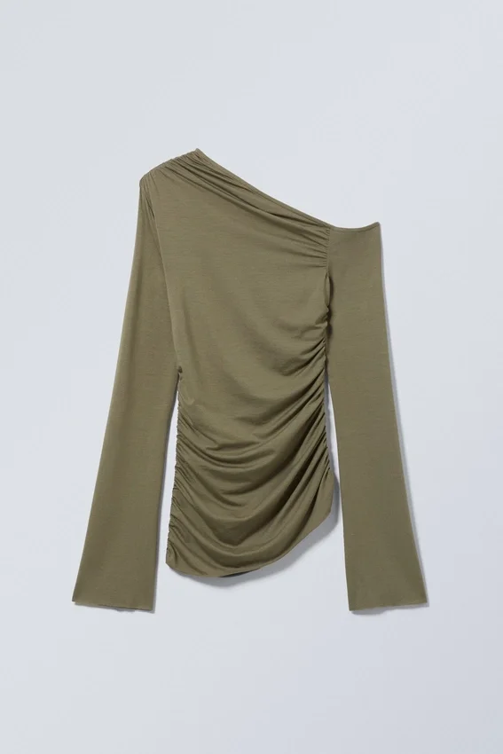 Asymmetrisches Lyocell-Oberteil mit fließendem Fall – Staubiges Khaki-Grün Asymmetrisches Lyocell-Oberteil mit fließendem Fall – Staubiges Khaki-Grün