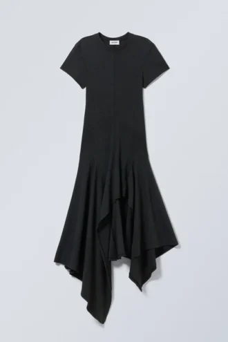 Asymmetrisches Midi-Kleid in gewaschener Optik – Schwarz