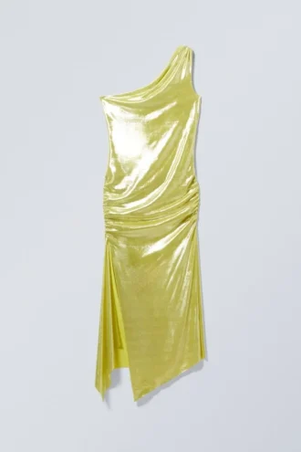 Asymmetrisches Midikleid mit Überlappung und Drapierung – Glänzendes Gelb
