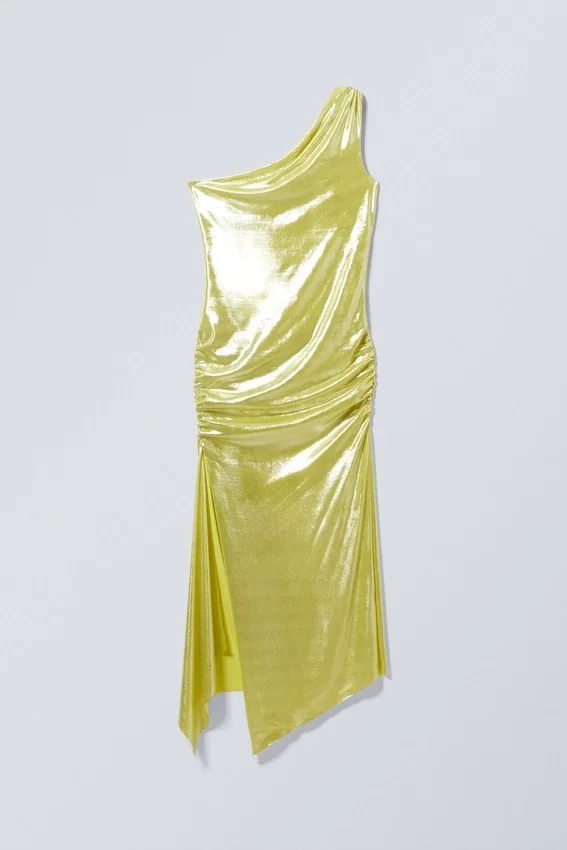 Asymmetrisches Midikleid mit Überlappung und Drapierung – Glänzendes Gelb Asymmetrisches Midikleid mit Überlappung und Drapierung – Glänzendes Gelb