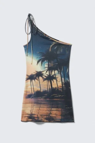 Asymmetrisches Minikleid mit Bindeband – Palm Beach