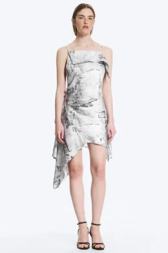 Asymmetrisches, ärmelloses Midi-Kleid mit Wasserfallausschnitt – Schwarz/Weiß-Print