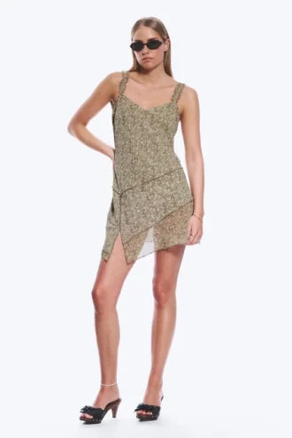 Asymmetrisches Slip-Kleid – Staubiges Khaki-Grün – Blume