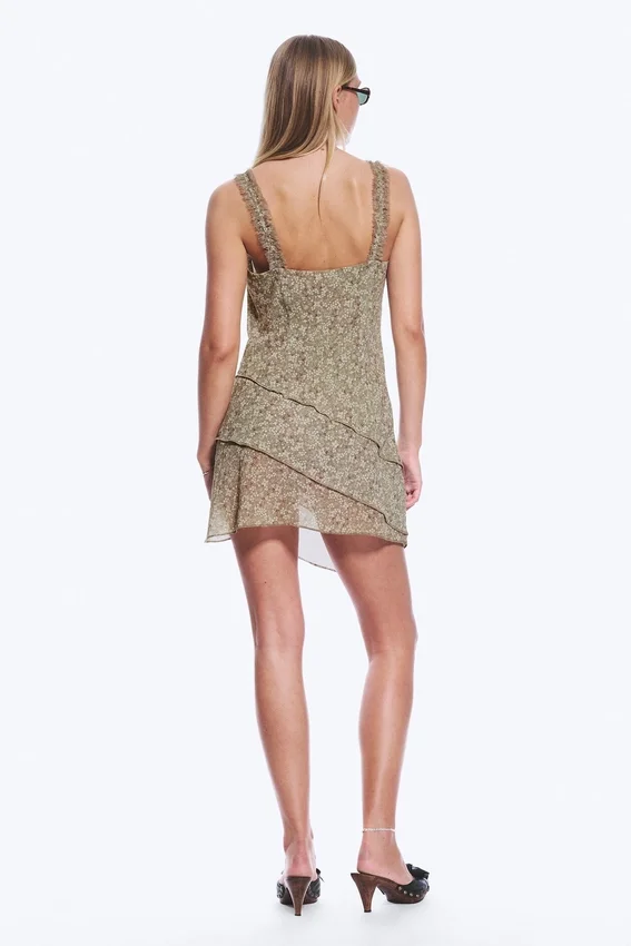 Asymmetrisches Slip-Kleid – Staubiges Khaki-Grün – Blume Asymmetrisches Slip-Kleid – Staubiges Khaki-Grün – Blume