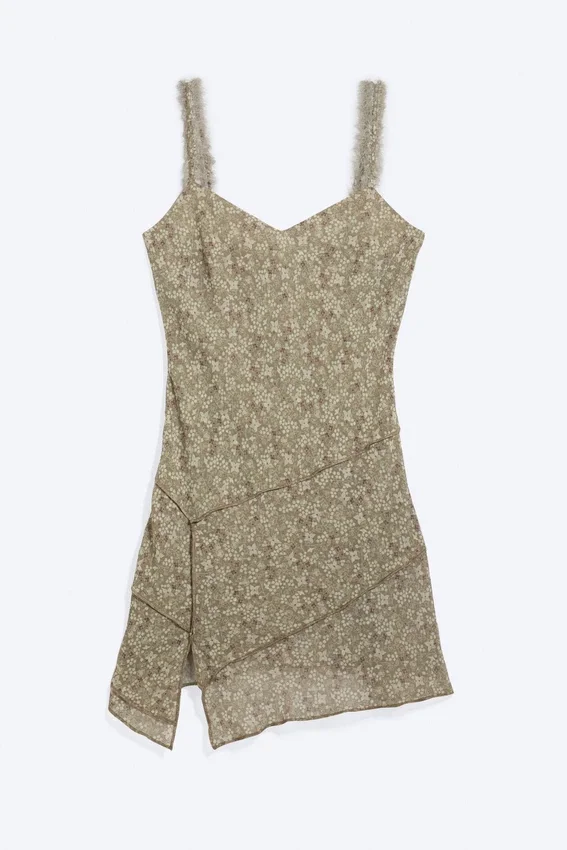 Asymmetrisches Slip-Kleid – Staubiges Khaki-Grün – Blume Asymmetrisches Slip-Kleid – Staubiges Khaki-Grün – Blume