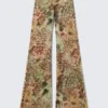 Ausgestellte Hose aus bedrucktem Mesh – Braun & Grün – Blumenpunkte Ausgestellte Hose aus bedrucktem Mesh – Braun & Grün – Blumenpunkte