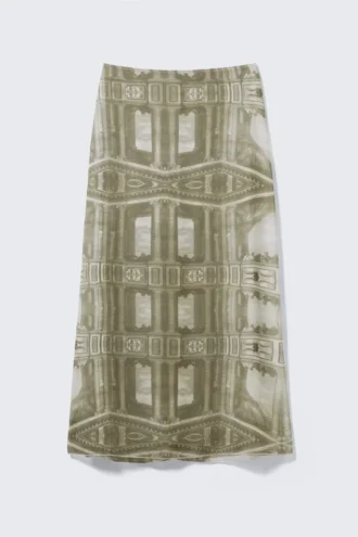 Bedruckter Maxirock mit niedriger Taille – Khakigrün – Barock-Collage