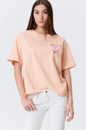 Bedrucktes Box-T-Shirt – Hellorange – Rosa Blume