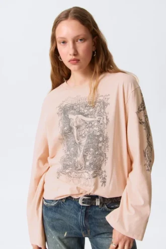 Bedrucktes Langarm-T-Shirt aus Baumwolle – bedruckt in Hellrosa