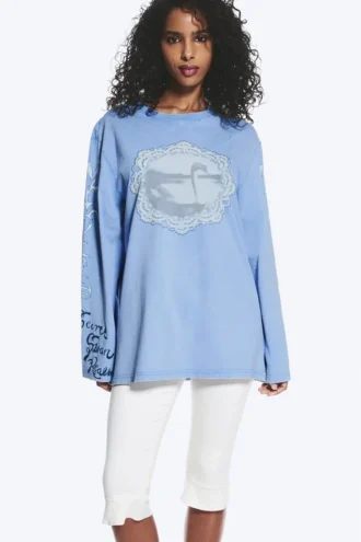Bedrucktes Langarm-T-Shirt aus Baumwolle – Mittelblau – Swan