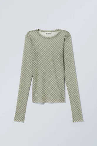 Bedrucktes Langarmshirt aus Mesh – Mittelbeige