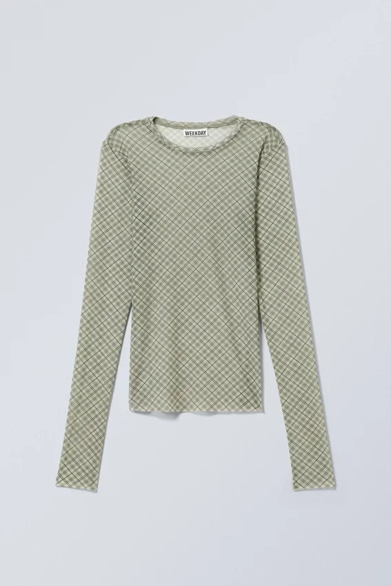 Bedrucktes Langarmshirt aus Mesh – Mittelbeige Bedrucktes Langarmshirt aus Mesh – Mittelbeige