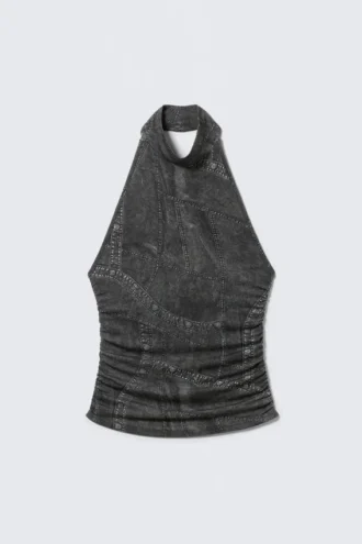 Bedrucktes Neckholder-Top mit offenem Rücken – Schwarz – Denim-Print