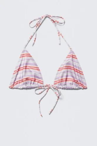Bedrucktes Triangel-Bikini-Oberteil im Neckholder-Stil – Lila & rote Streifen