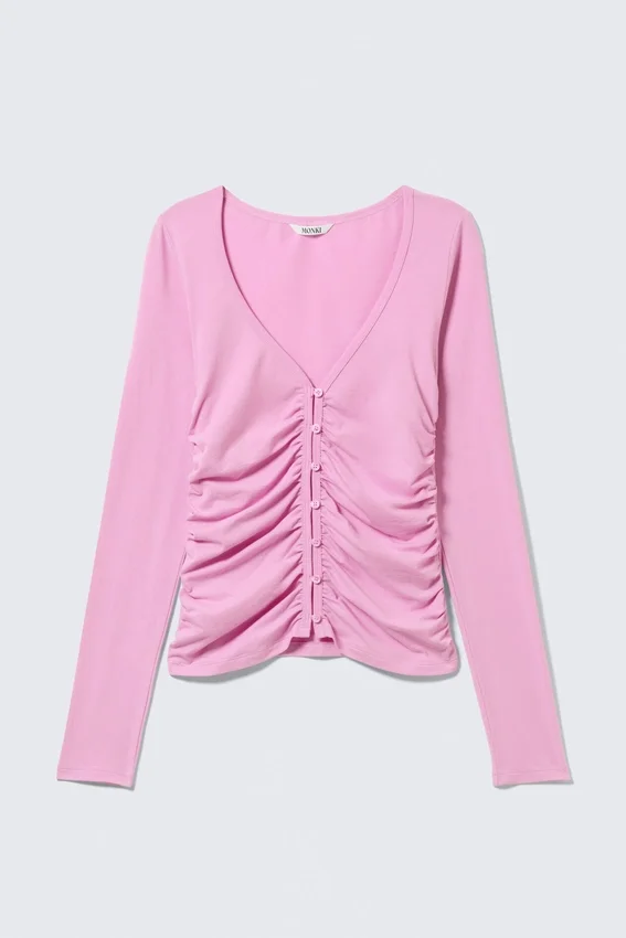 Belle B Strickjacke mit gerafftem V-Ausschnitt – Rosa Belle B Strickjacke mit gerafftem V-Ausschnitt – Rosa